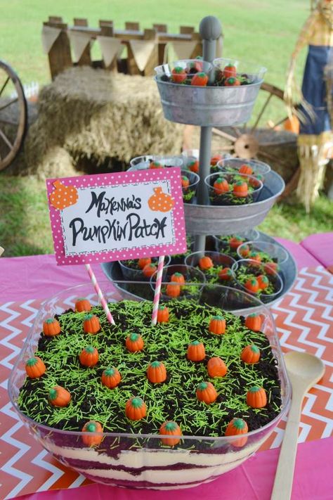 Makenna's Pumpkin Patch ~ 1st Birthday Party | CatchMyParty.com Pumpkin Sprinkle Party, Pumpkin Themed Gender Reveal Party, Fall Festival Birthday Party, Beans Dessert, Fall Themed Birthday Party, Pumpkin Themed Birthday, Pumpkin Patch Birthday Party, Candy Pumpkins, Halloween Pumpkin Cake