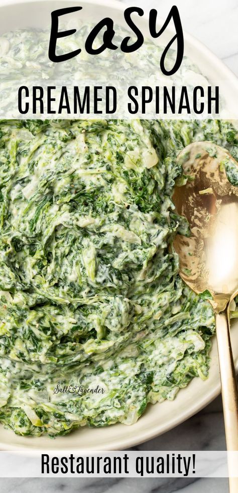 a bowl of spinach with a spoon and text overlay that reads easy creamed spinach - restaurant quality! Easy Creamed Spinach, Creamed Spinach Recipe Easy, Cream Cheese And Spinach, Easy Spinach Recipes, Spinach Side Dish, Creamed Spinach Recipe, Spinach Recipe, Easy Cream, Sauteed Spinach