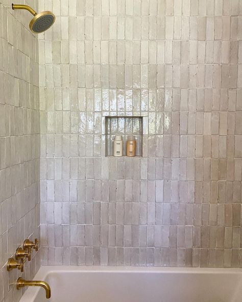 Wrap Around Bathroom Vanity, Shiny White Tile Bathroom, Virginia Tile Company, Riad Tile, Zellige Tile, Bathroom Inspiration Decor, Hus Inspiration, Style Deco, Bathroom Floor