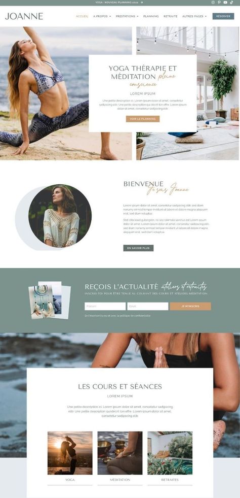 Yoga and well-being WordPress template with Elementor kit for Wellness by Joanne. #YogaWebsite #WellnessTemplate #ElementorKit #JoanneDesign #MindBodyBalance Yoga Studio Website, Wellness Template, Yoga Web, Mise En Page Web, Vitrine Design, Small Business Website Design, Website Tutorial, Beautiful Website Design, Template Wordpress