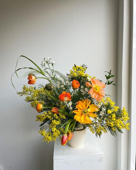 Ray Ray’s Wedding and Events Flowers | This brights bouquet is available to order on our website now 🧡 Filled with poppies, delphinium, mimosa, tulips and ranunculus. I’ll be… | Instagram Mimosa Bouquet, Ray Ray, Tulip Bouquet, Event Flowers, Delphinium, Ranunculus, Rehearsal Dinners, Mimosa, Tulips