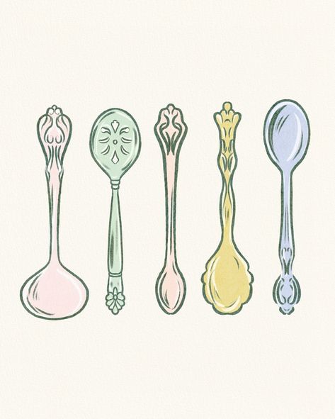 My grandma was an avid tea drinker and had all these cute little & very detailed silver spoons. She would use them for honey or sugar cubes with a side of Scottish shortbread. This illustration made me think of that memory. 🥄 Day 3/30 of cozy “cottage” creations. #30dayproject Artist BTS: I’m a day behind, but picked right back up today! (Which is totally okay because it’s my challenge. I’m just so proud of myself for getting right back at it and giving myself some grace.) Yesterday’s nur... Measuring Cup Illustration, Bridgerton Cookies, Sugar Drawing, Spoon Aesthetic, Spoon Illustration, Sugar Tattoo, Spoon Drawing, Memory Day, Journal Illustration