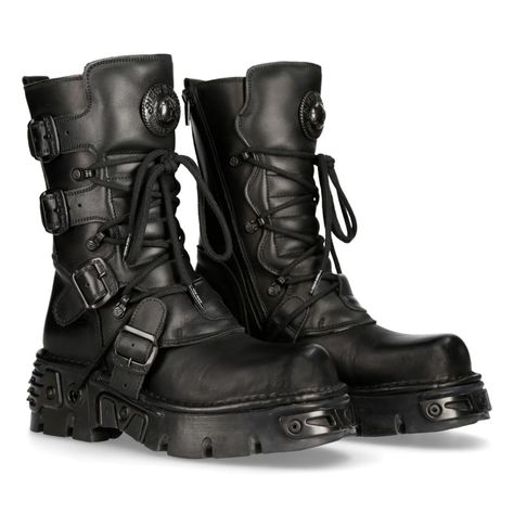 BOOT METALLIC M-373-S18 New Rock Boots, Rock Boots, Country Boots, Gothic Rock, Genuine Leather Boots, New Rock, Black Skulls, Biker Boots, Black Metallic