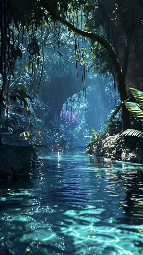 Magic Island Aesthetic, Avatar Way Of Water Aesthetic, Other World Aesthetic, Avatar The Way Of Water Wallpaper, Avatar Forest, Fantasy River, Underwater Forest, Alien Landscape, Pretty Landscapes