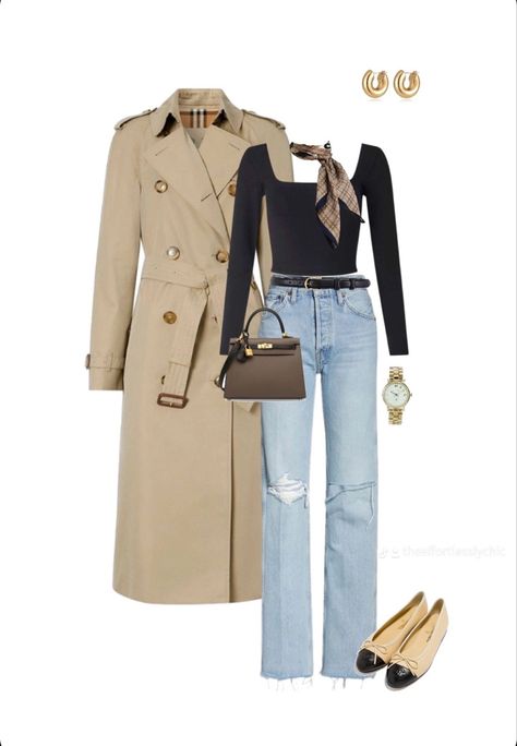 Trench coat, Chanel ballet flats, Hérmes Kelly, gold accessories. Winter Collage Outfits, Oldmoney Outfit Woman, Outfits For Rainy Days, Rainy Outfit, Winter Collage, Amsterdam Outfit, Cold Outfit, Collage Outfits, Day In London