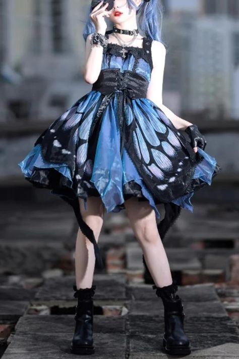 Black/Blue Butterfly Effect Sleeveless Print Bowknot Version Gothic P – LolitaInside