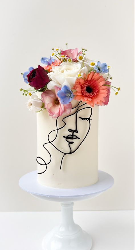 White buttercream cake with fresh flowers made in Sussex Modern Birthday Cakes, Whatsapp Info, Silhouette Cake Topper, Silhouette Cake, Birthday Cake With Flowers, Crown Cake, Creative Cake Decorating, Creative Birthday Cakes, Beautiful Birthday Cakes