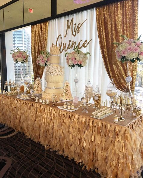 A side view of our 12’ table decor | #desserttable @racheljspecialevents | #cake @armen_roobinascake | #desserts @chocolate_favors_pops… Sweet Table Decorations, Quince Decor, Quince Cake, Quinceanera Planning, Quince Decorations, Quinceanera Decorations, Cake Table Decorations, Quinceanera Themes, Quinceanera Party