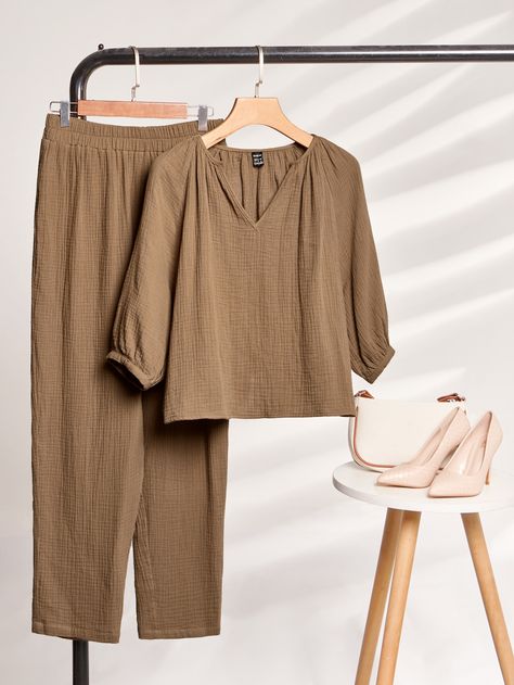 Mocha Brown Casual  Half Sleeve  Plain  Embellished Non-Stretch Spring/Summer Women Co-ords One Set Outfit, Western Tops For Women, Cute Maternity Dresses, Co Ords Outfits, Trendy Dress Outfits, Casual Day Outfits, Designer Dresses Casual, Top And Pants Set, Bishop Sleeve