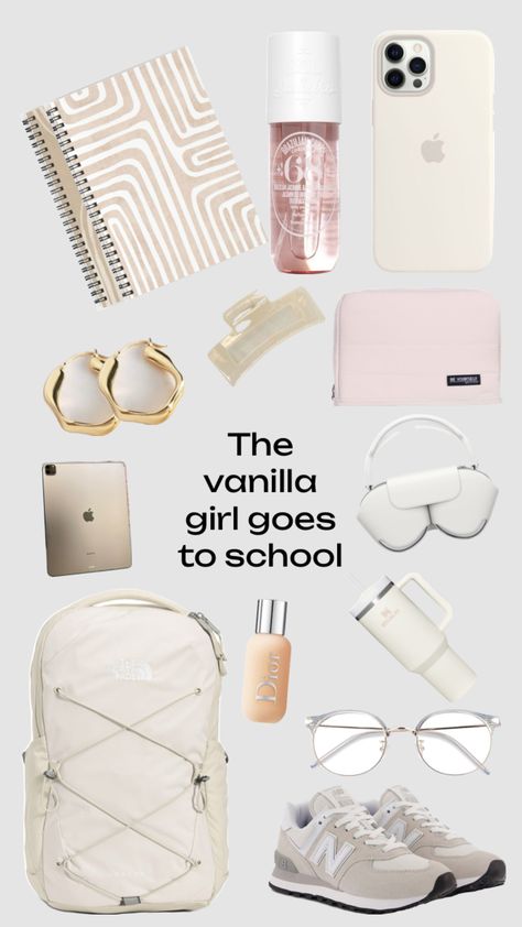 Vanilla girl goes to school 🤍🧸🌙 #outfitinspo #school #backpack #aesthetic School Bag Organization, High School Prep, Backpack Aesthetic, School Backpack Essentials, Preppy School Supplies, Girl School Supplies, School Bag Essentials, Backpack Essentials, Travel Bag Essentials