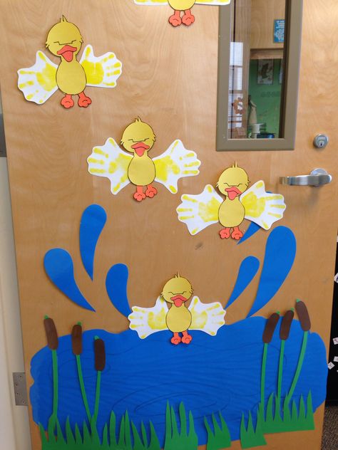 Duck Classroom Door Ideas, Duck Door Decorations Classroom, April Preschool Door Ideas, Spring Themed Bulletin Boards Preschool, Spring Classroom Door Ideas For Toddlers, Spring Time Door Decorations Classroom, Duck Themed Classroom, Spring Doors For Classroom, Spring Door Decorations Classroom Easy