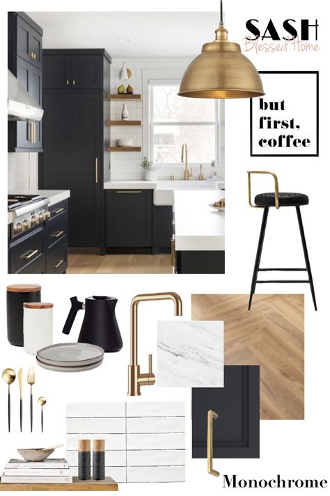 Kitchen Mood Board Black Cabinets, Mood Board For Kitchen Interior, Black Kitchen Mood Board, Touch Up Kitchen Cabinets, Moody Scandinavian Kitchen, Modern Traditional Flooring, Moodboard For Kitchen, Black And White Kitchen Mood Board, Mood Boards For Kitchens