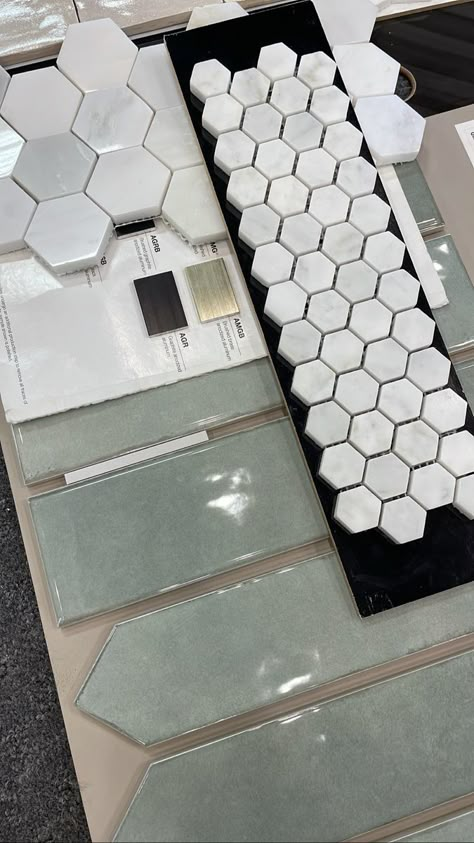 Love this fun tile combo- marble hex, sage green, gold finishes Pool Powder Room Ideas, Sage Green And Gold Bathroom Ideas, Sage Green Herringbone Tile Bathroom, Sage Green Bathroom Mood Board, Sage Bathroom Tile, Green Tile Powder Room, Sage Green Shower Tile, Sage Green Tile Bathroom, Sage Green Bathroom Tiles