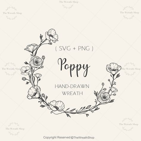 Flower Wreath Svg, Svg Wreath, Floral Wreath Svg, Wreath Tattoo, Poppy Wreath, Spring Svg, Floral Wreath Design, Flower Branding, Flower Line Drawings