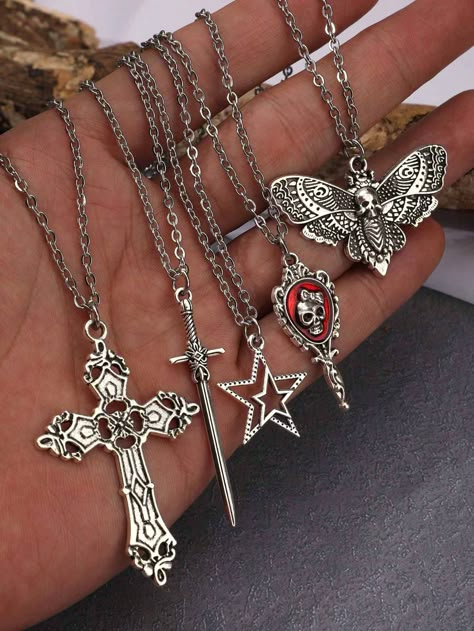 5pcs Y2K Gothic Punk Rock Star Cross Diamond Heart Cross Pendant Necklace With Stainless Steel Chain, INS Style Personality Hip-Hop Trend Bohemian Heart Lock Pendant Necklace Silver    Stainless Steel     Women Fashion Jewelry, size features are:Bust: ,Length: ,Sleeve Length: Rock Y2k, Stile Punk Rock, Y2k Chain, Estilo Punk Rock, Hip Hop Trends, Moda Hip Hop, Star Cross, Stainless Steel Chain Necklace, Heart Lock