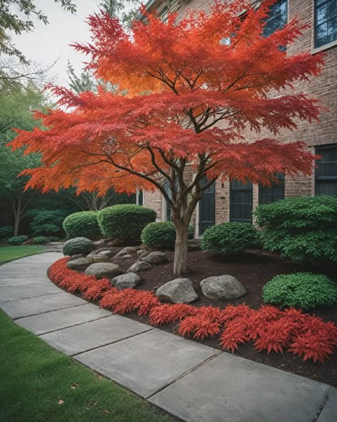 Got a small front yard? Japanese Inspired Front Yard Landscaping, Front Yard Landscaping With Japanese Maple, Small Japanese Maple Tree Landscape, Small Japanese Garden Ideas Front Yards, Japanese Maple Front Yard, Simple Front House Landscaping, Landscaping With Birch Trees, Front Of House Landscape Ideas Simple, Landscape Ideas For Front Of House