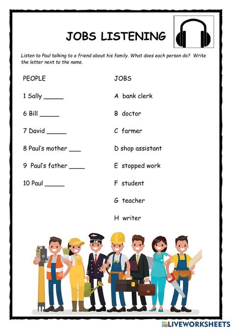 Jobs Activities For Kids, Jobs Worksheets For Kids, Jobs Worksheet, Listening Skills Activities, English Liveworksheet, English Pictures, Job Test, Test For Kids, Listening Activities