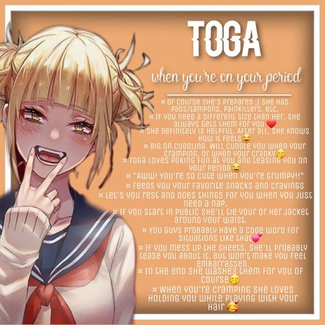 Mha When Your On Your Period, Toga Himiko Headcanons, Mha Characters When Your On Your Period, Toga Headcanons, When Ur On Ur Period, Bnha Headcanons, Anime Headcannons, Romantic Writing Prompts, Mha Headcanons