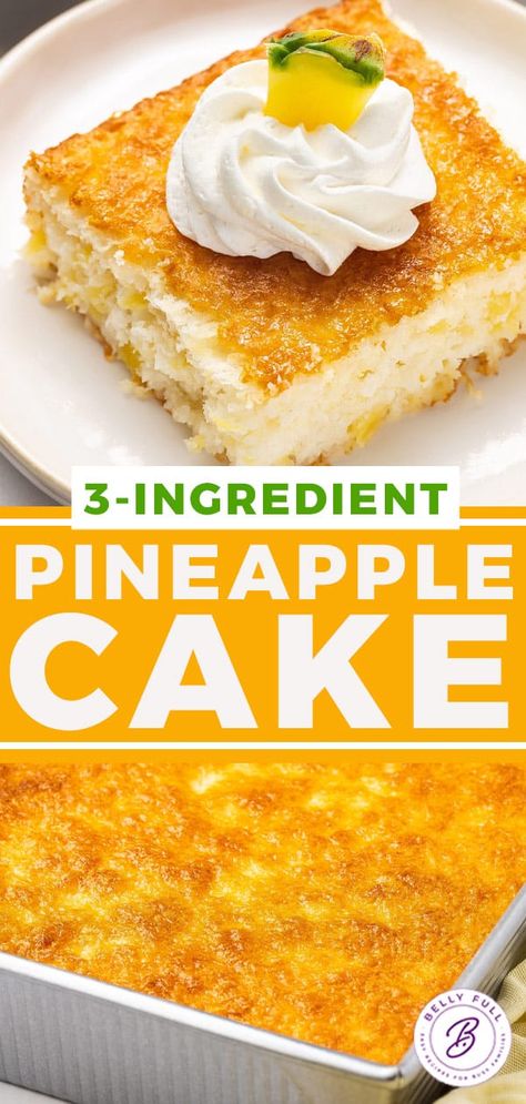 Incredibly easy Pineapple Cake made with just 3 ingredients - angel food cake mix, crushed pineapple, and vanilla - then baked until golden around the edges with a lovely light and cloud-like texture. It's a delicious and effortless tropical summer dessert. Two Ingredient Pineapple Cake, Three Ingredient Desserts Easy, Pineapple Bundt Cake, Capirotada Recipe, Molten Cakes, Survival Recipes, Easy Pineapple Cake, Easy Bundt Cake Recipes, Cake Pineapple