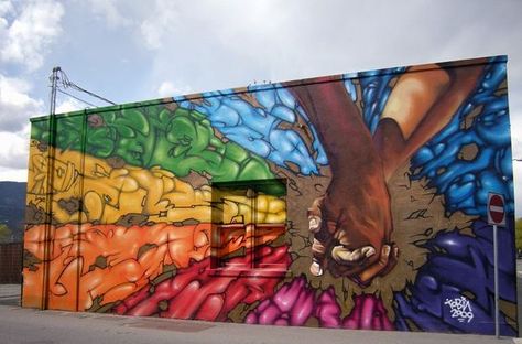 Striking mural celebrating Pride Month and diversity. Creative Graffiti Art, Equality Mural, Colorful Murals Street Artists, Pride Mural, Dance Themes, School Murals, Kelowna Bc, Incredible Art, Plastic Art