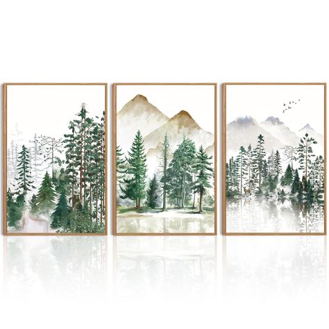 PRICES MAY VARY. 【Rustic Mountain Forest Wall Art】16*24 inches, set of 3.This set of large green nature wall art depicts the mountain and woodland in the mist through watercolor techniques. This simple and quiet feeling will help you get rid of fatigue.Canvas prints are a simple and wonderful way to create living spaces.This stunning canvas painting will immediately become the core of your home decoration. 【High-quality Canvas Painting】Smoky mountain canvas wall art is printed on high-quality ca Mountain Wall Painting, Landscape Wall Painting, Tree Wall Painting, Nursery Wall Painting, Forest Wall Decor, Mountain Artwork, Watercolor Forest, Nature Art Prints, Painting Green