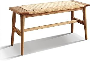 Wayshome 100% Solid Oak Wood Bench,Hand Woven Bench Surface Design,Solid Structure of Chair Legs,Entryway Bench/Bedroom Bench/Dining Bench (Log Color)