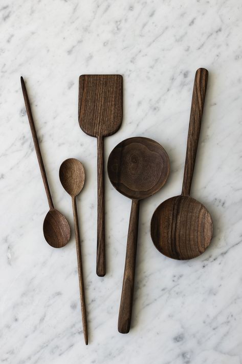 Walnut Cooking Utensils — Sunday Shop Wood Stains, Cooking Tool, Dark Wood Stain, Home Board, Wooden Utensils, Wood Kitchen, Wooden Spoons, Kitchen Items, Kitchen Stuff