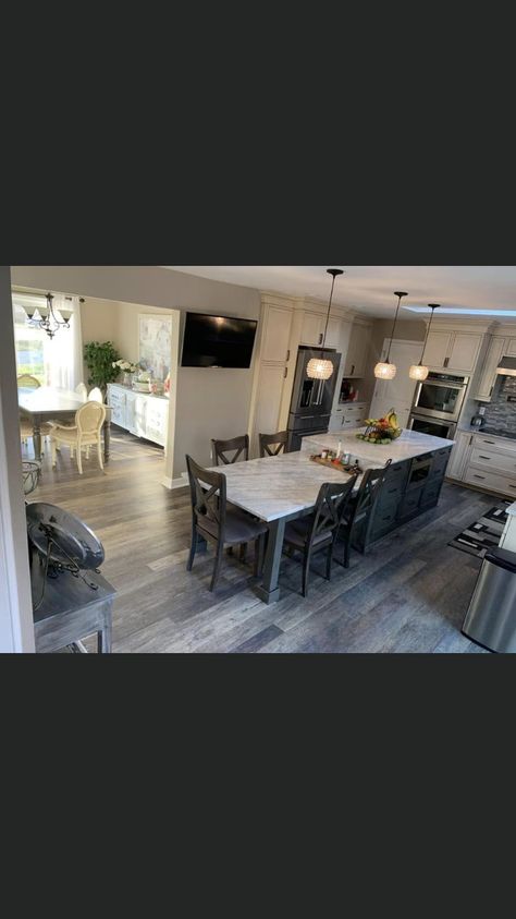 Two Level Kitchen Island Ideas, Island With Breakfast Table, Island With Lower Table Attached, Kitchen Island Ideas 6 Seats, Kitchen Island With Lower Table, Kitchen Island Addition Ideas, Dining Table Against Island, Two Level Island With Seating, Island With Eating Table