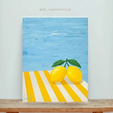 When my husband first saw this painting, he exclaimed, "Oh! It's a lemon party!" 🍋🍋 And I thought, why not?! That actually suits the painting quite well! 🤭 So, here it is— Pictured: "Lemon Party" Size: 20 x 15 cm (8" x 6") Acrylic on canvas board 💛 Available for sale! DM if interested. Do you think the title suits the painting? Let me know in the comments!👇🏼 P.s. The background was inspired by @anne_deppe 's photography. . . . . . . . . #artforsale #contemporaryart #originalartwork #artlo... 6×8 Canvas Painting, Lemon Pictures Art, Painting Lemons Acrylic, 6 By 6 Canvas Painting, Summer Painting Ideas On Canvas Easy, Blue Themed Paintings, Paint Party Canvas Ideas, Lemon Acrylic Paintings, Summer Painting Easy