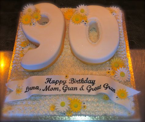 Buttercream Daisy Patch and Fondant 90th Birthday Cake. Buttercream Daisy, 90th Birthday Cake Ideas, 90th Birthday Party Theme, 90 Birthday Party, 90 Th Birthday, Knitting Cake, 90th Birthday Party Ideas, 90th Birthday Ideas, Birthday For Mom