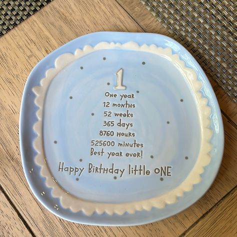 Excellent Condition! Done In A French Blue And White Scalloped Border . Has Sunken Etched Writing On The Front In Gray. And Gray Polka Dots . Has The Month , Week , Day , Hour, Minute Break Down Of The First Year . Handmade. Reads Happy 1st Birthday On Back. French Blue And White, Happy First Birthday, Happy 1st Birthday, Birthday Plate, Baby Security Blanket, Teddy Bear Girl, Scalloped Border, Teddy Bear Baby Shower, Baby Shower Activities