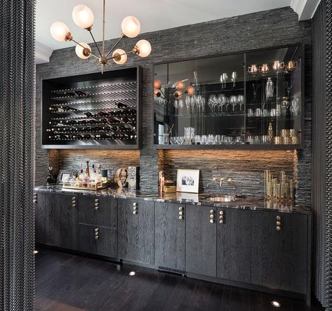 Contemporary black wet bar design features a Currey & Co Shelly Chandelier over dark stained oak floors matching black oak flat front cabinets with gold knobs. Wet Bar Cabinets, Wet Bar Designs, Modern Home Bar, Home Bar Design, Minnesota Home, Bar Interior Design, Bar Designs, Home Bar Designs, Interior Remodel