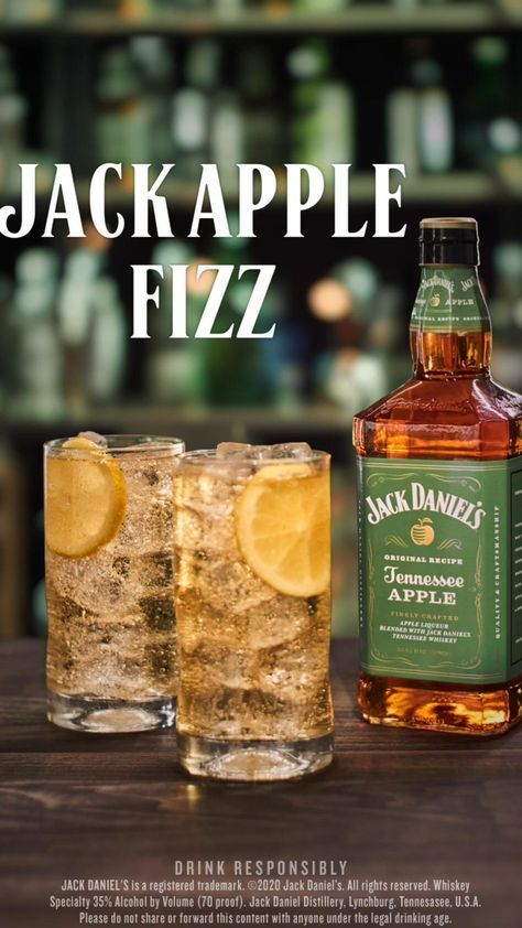 Cheers to your next go-to cocktail: the crisp, refreshing Jack Apple Fizz Apple Whiskey, Apple Drinks, Apple Jack, Whiskey Drinks, Alcohol Drink Recipes, Alcohol Recipes, Jack Daniels, Limoncello, Adult Drinks