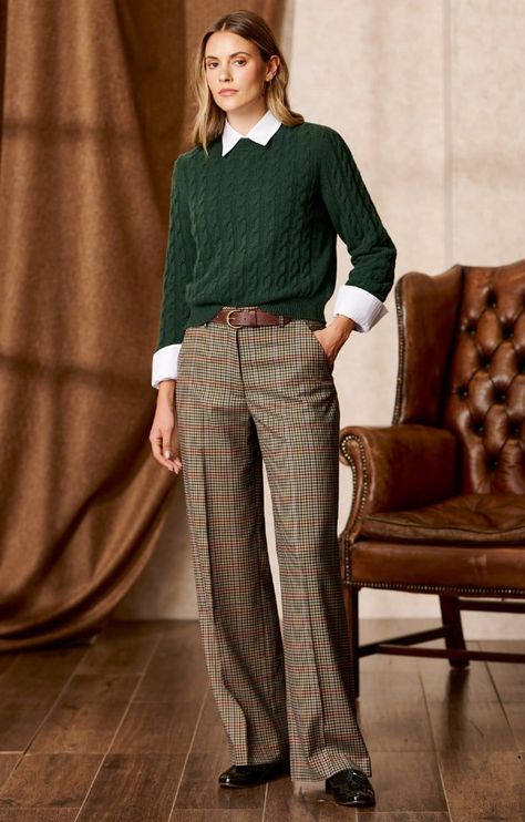 Ladies Wide Leg Wool Blend Trousers House Of Bruar Women, British Casual Style Women, House Of Bruar, Tartan Trousers Outfit, British Style Outfits, Minimalist Wardrobe Women, 10 Winter Outfits, Wide Leg Trousers Outfit, British Country Style