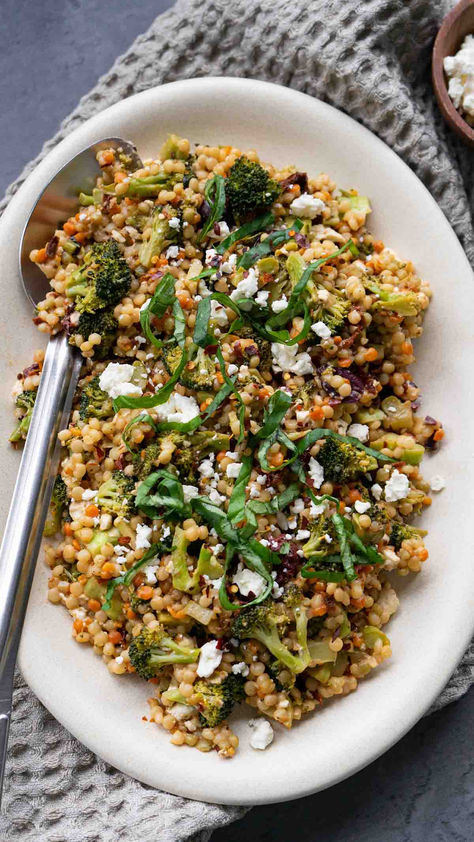 Broccoli Couscous - Cooking Like Kate Broccoli Couscous, Moroccan Couscous Salad, Medditeranean Diet, Salmon Couscous, Moroccan Couscous, Sundried Tomato Pasta, Unique Appetizers, Creamy Feta, Couscous Salad