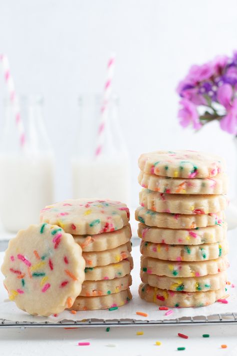 Funfetti Shortbread Cookies - Short Stack Kitchen Gluten Free Shortbread Cookies, Confetti Cookies, Gluten Free Shortbread, Shortbread Cookies Easy, Funfetti Cookies, Measuring Ingredients, Shortbread Cookie Recipe, Sprinkle Cookies, Buttery Cookies