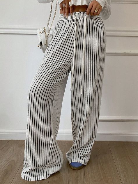 Loose Striped Drawstring Waistband Wide Leg Sweatpants For Women White    Knitted Fabric Striped Wide Leg Slight Stretch All Women Clothing, size features are:Bust: ,Length: ,Sleeve Length: Sweatpants For Women, Laser Hair Removal Machine, Wide Leg Sweatpants, Women Legs, Casual Stripes, Women's Shapewear, Kids Sleepwear, Drawstring Waistband, Winter Women