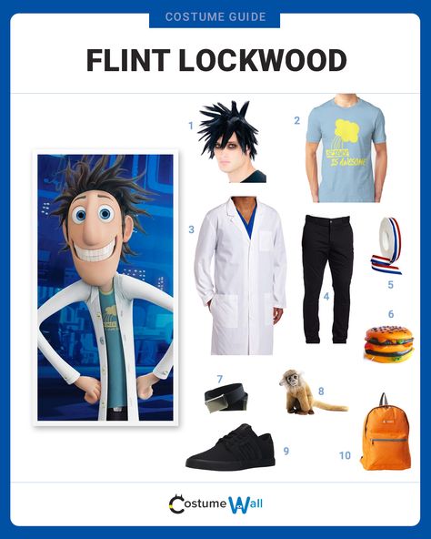 The best costume guide for dressing up like the quirky inventor Flint Lockwood from the animated movie Cloudy with a Chance of Meatballs. Cloudy With A Chance Of Meatballs Couples Costume, Cloudy With Chance Of Meatballs Costume, Flint Lockwood Costume, Inventor Costume, Meatball Costume, Hosting Halloween, Flint Lockwood, Studio Closet, Halloween Costume Puns