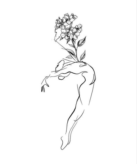 Dancer Inspired Tattoos, Dancing Tattoos For Women, Dance And Music Tattoo, Single Line Dancer Tattoo, Dancer With Flowers Tattoo, Dancer Fine Line Tattoo, Woman Silhouette Tattoo Flower, Matching Dance Tattoos, Jazz Dance Tattoo