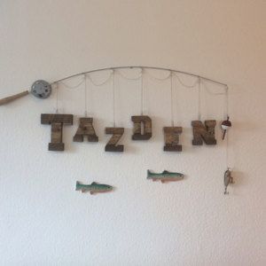 Fish Nursery Theme, Fishing Themed Bedroom, Boys Fishing Room, Boys Fishing Bedroom, Fishing Nursery Theme, Fishing Bedroom, Pallet Letters, Fisherman Art, Baby Shower Fishing