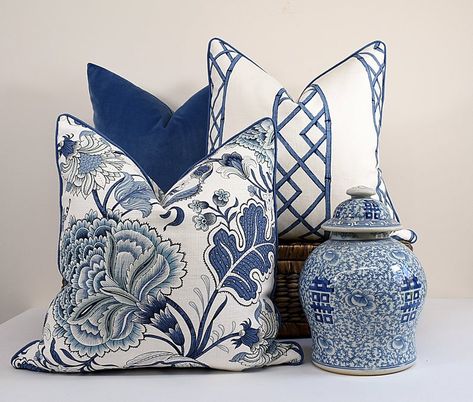 Romo Blue Fabric, Blue White Pillows, Blue And White Decorative Pillows, Lounge Cushions Ideas, Mixing Blues In Decorating, Blue And Off White Living Room, Blue And White Living Room Throw Pillows, Modern Blue And White Living Room, Hamptons Style Decor Bedroom Blue And White