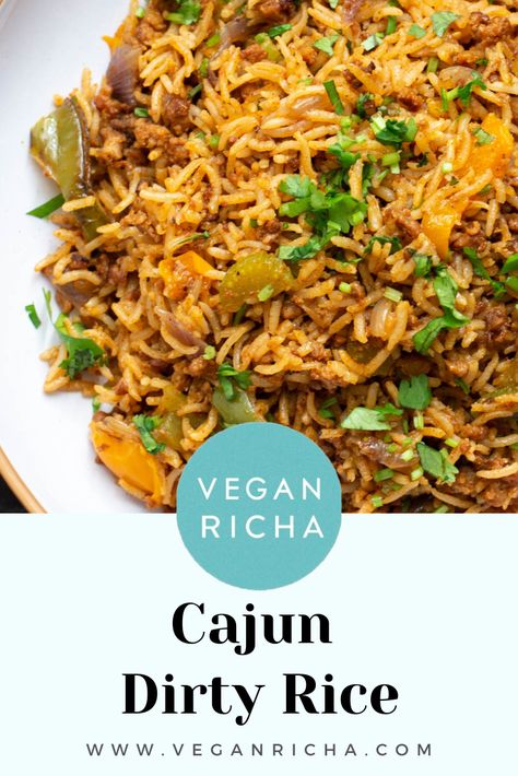 This vegan Cajun Dirty Rice is an easy one-pot dish that can be enjoyed as a main or side and can be made days in advance. Cajun Dirty Rice, Vegan Cajun, Dirty Rice Recipe, Veggie Sausage, Baked Mushrooms, Vegan Richa, Dirty Rice, Spiced Chickpeas, Vegan Entree