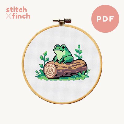 Frog In Nature, Frog Cross Stitch Pattern, Frog Cross Stitch, Cross Stitch Collection, Nature Cross Stitch, Disney Cross Stitch, Cute Frog, Pixel Pattern, Pixel Art Pattern