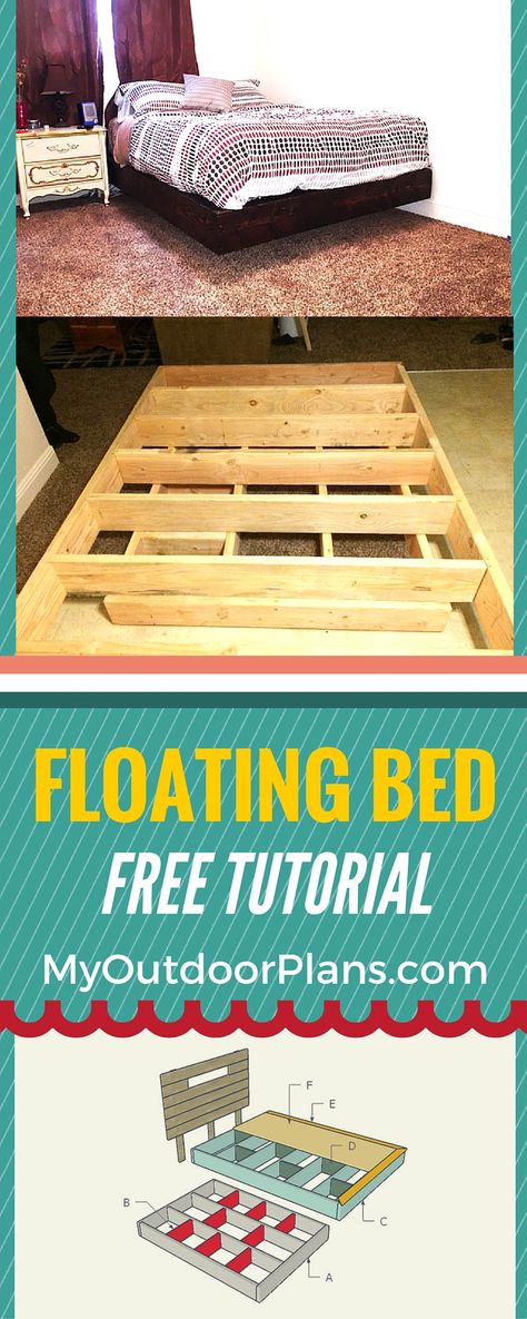 How to build a floating bed - Step by step plans for you to build a floating bed frame from common materials and using basic tools! #bedframe #diy #woodworking Build A Floating Bed, Bedframe Diy, Floating Bed Diy, Build A Platform Bed, Wood Pallet Bed Frame, Room Decor For Teens, Wood Pallet Beds, Pallet Bed Frame, Bed Frame Plans