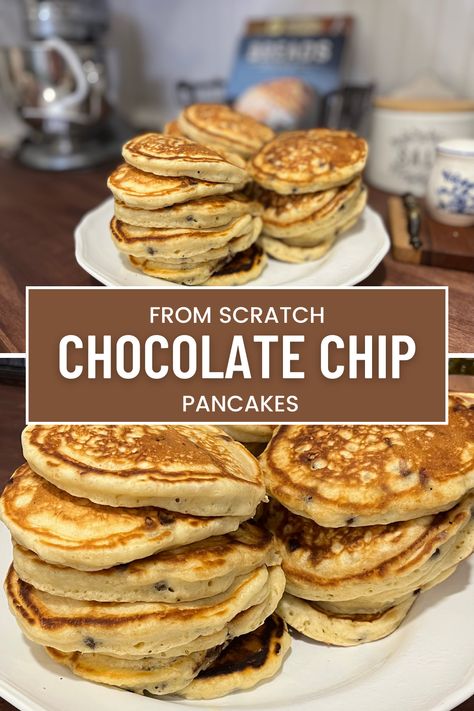 Simple recipe for chocolate chip pancakes from scratch! Delicious fluffy pancakes loaded with little bits are chocolate. Perfect breakfast recipe to freeze as well! Choc Chip Pancakes Easy, Best Chocolate Chip Pancake Recipe, Made From Scratch Pancakes, Best Chocolate Chip Pancakes, How To Make Chocolate Chip Pancakes, Fluffy Chocolate Chip Pancakes, Easy Chocolate Chip Pancakes, Pancake Recipe Chocolate Chip, Chocolate Chip Pancakes Recipe Easy