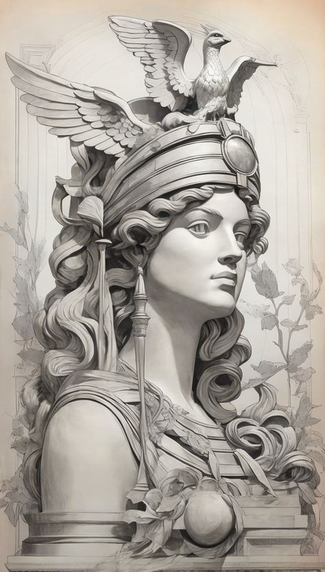 Athena Art, Ancient Greece Art, Athena Greek Goddess, Athena Tattoo, Greek Mythology Statue, Greek Goddess Art, Ancient Greek Sculpture, Statue Tattoo, Greek Mythology Tattoos