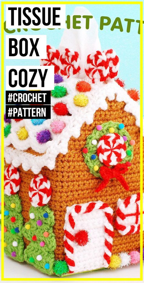 crochet Gingerbread House Tissue Box Cozy pattern - easy crochet house pattern for beginners Crochet Gingerbread House, Crochet Gingerbread, Gingerbread House Patterns, Amigurumi For Beginners, Cozy Pattern, Cozy Crochet Patterns, Confection Au Crochet, Crochet Christmas Decorations, Crochet Gratis