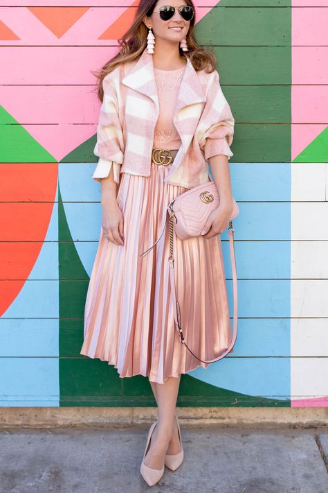 Pink Buffalo Check Crop Jacket and Satin Pleated Dress Cropped Jacket And Dress, Cropped Jacket With Dress, Pink Dress With Jacket, Pink Fashion Outfits, Satin Pleated Dress, Pleated Satin Dress, Lake Style, Mode Hijabi, Look Rose