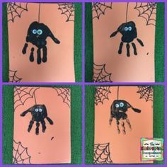 Handprint spiders! Strašidelný Halloween, Halloweenpyssel Barn, Høstaktiviteter For Barn, Halloween Handprint, Halloween Arts, Halloween Infantil, Halloween Crafts Preschool, Spider Crafts, Halloween Crafts For Toddlers