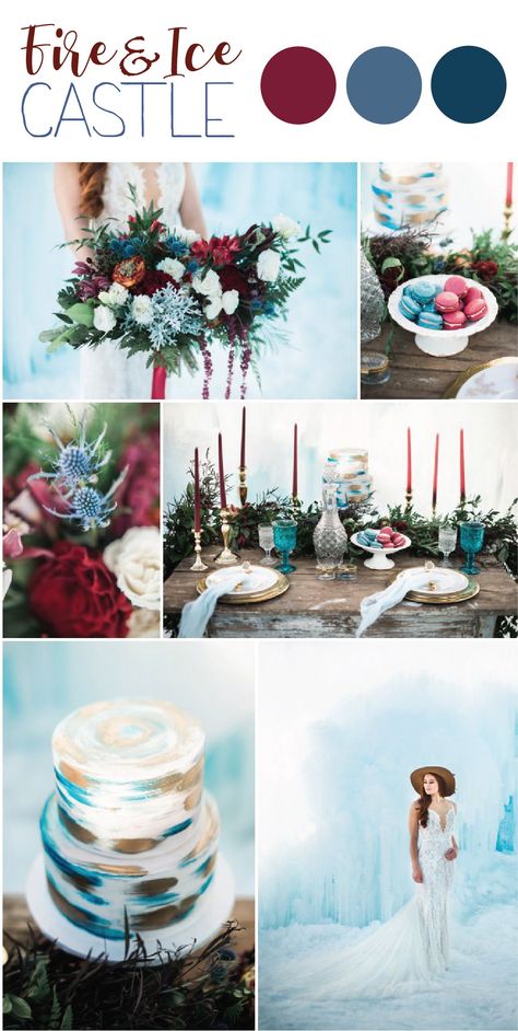 Fire  Ice Castle Wedding Inspiration #icecastlewedding #fireandicewedding #vintageicecastlewedding #winterweddingideas #burgundywedding #snowywedding Ice Castle Wedding, Fire And Ice Wedding, Ice Wedding, Frozen Wedding, Snowy Wedding, Ice Castle, Ice Caves, Winter Wedding Bouquet, Winter Wedding Cake